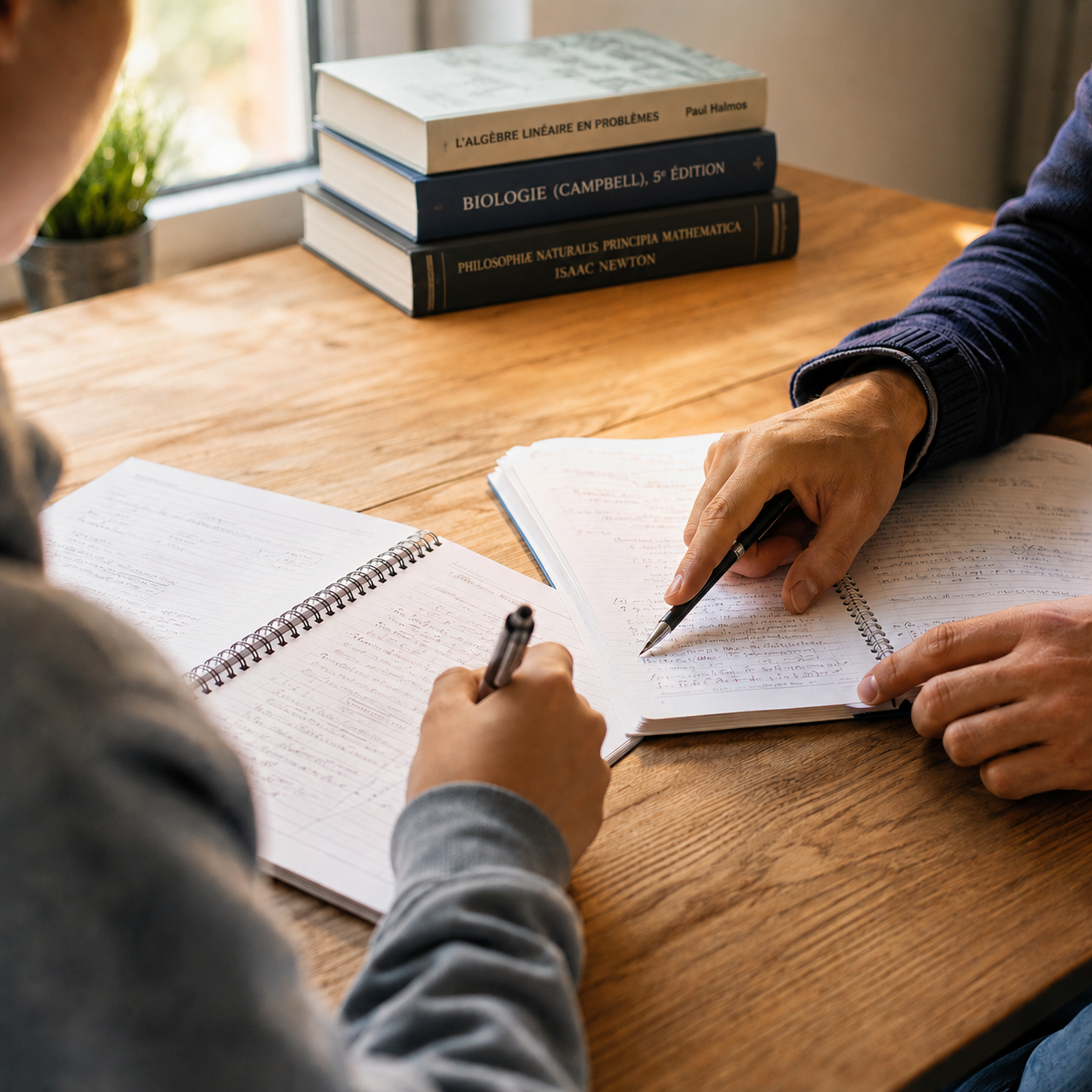 Mains d'un élève de 17 ans écrivant avec rigueur dans son cahier de sciences